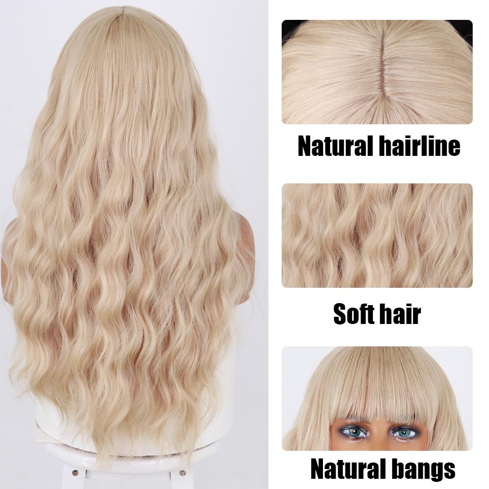 MISS WIG Women Long Wavy Wig with Bangs Synthetic Fiber Light Blonde Daily Wear Long Water Wave Wig Black Brown Ombre Color