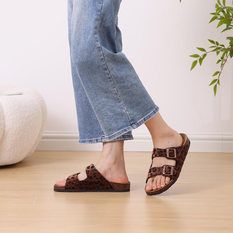 Fashion Litfun Classic Women's Sandals Casual Cork Footbed Flat Bottom Slippers Open Toe Leopard Designed Slides With Adjustable Buckle