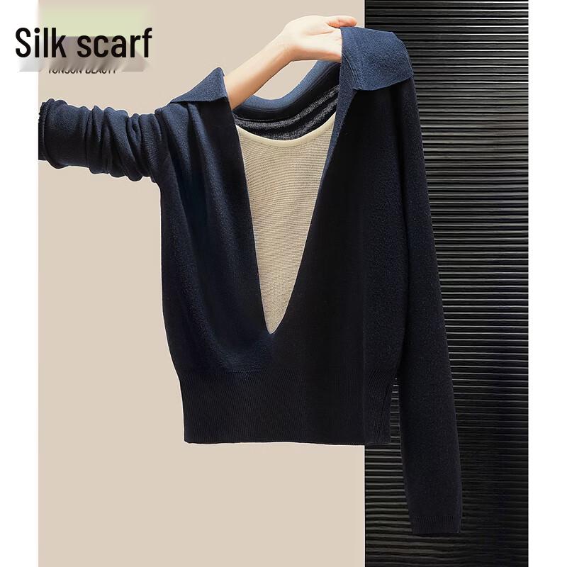 Sisbay Colorblock Faux Two-Piece Lapel Knit Top One Size