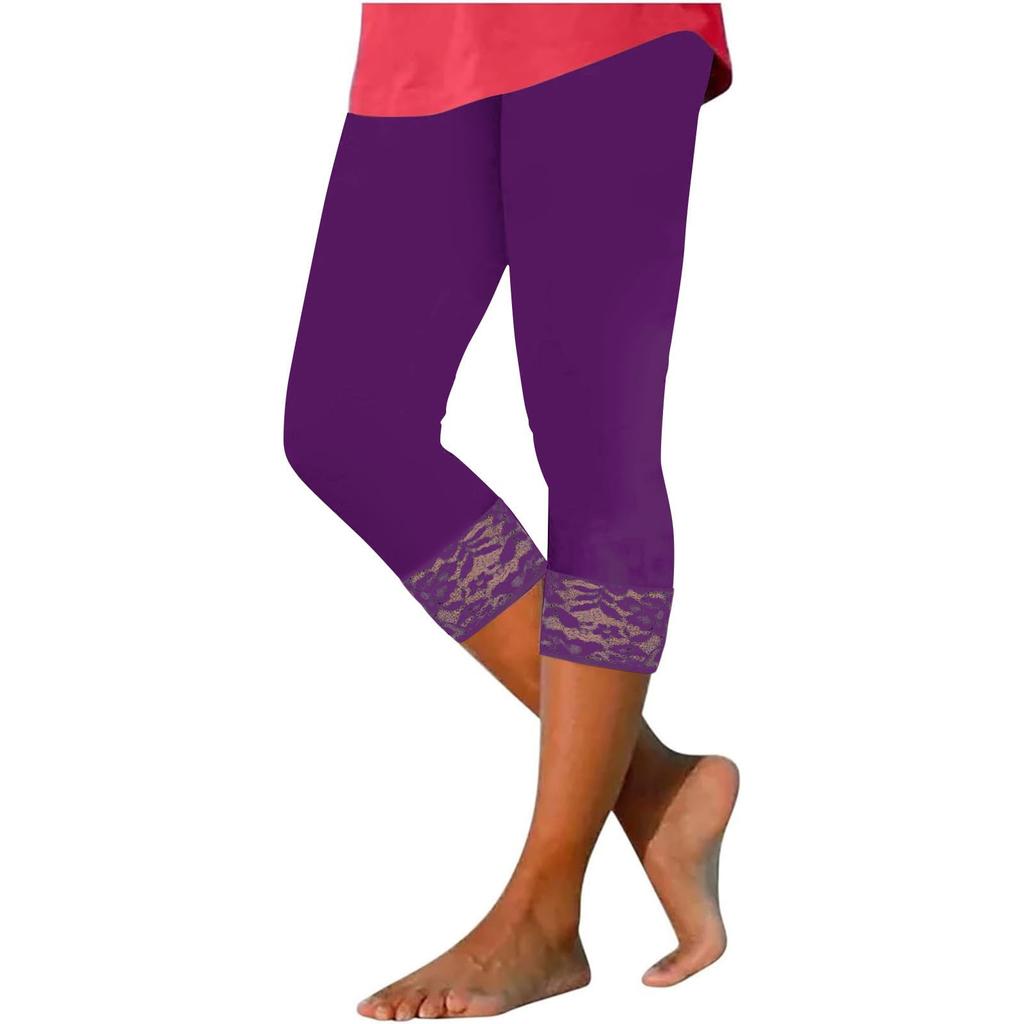 Women's High Waist Pants Lace Stitching Summer -Color Slim Fit Leggings Cropped Pants