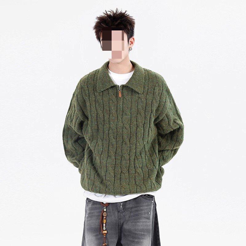 Men's American Casual Half-Zip Cable Knit Sweater - Loose Fit, Versatile Old Money Style