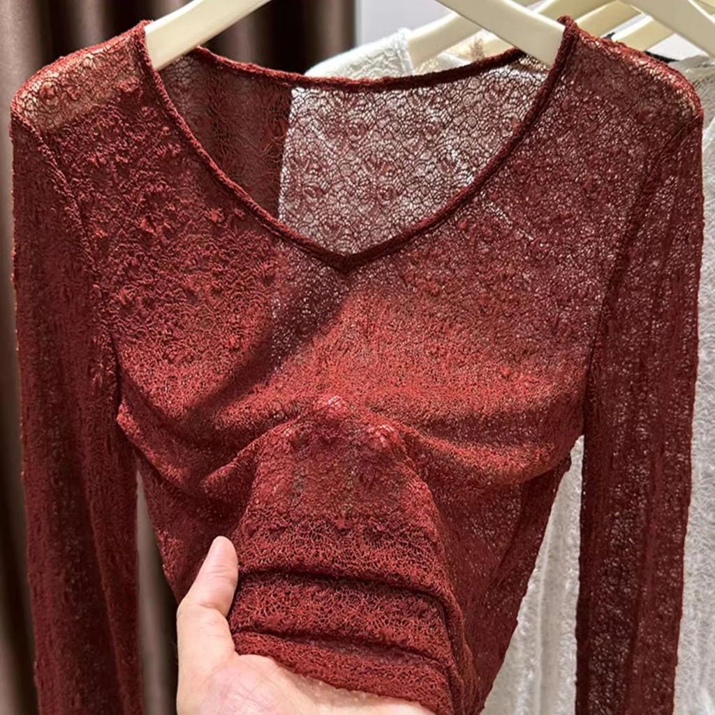 White V-neck Lace Hollow Cover Shirt for Women's Spring and Summer Long Sleeved Thin Design with Inner Lining T-shirt Slim Fit Top