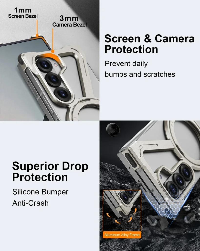 Oatsbasf Phone Case for Samsung Galaxy Z Fold 7 6 5 Metal Magnetic Phone Case with Ring Stand Frameless Bumper Protective Cover