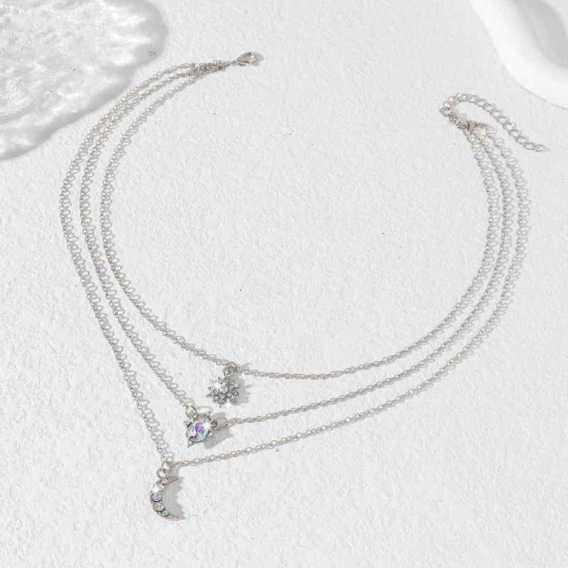 European & American Star Moon Zircon Pendant Necklace: Women's Three-Layer Clavicle Chain with Large Main Stone & Simple Design