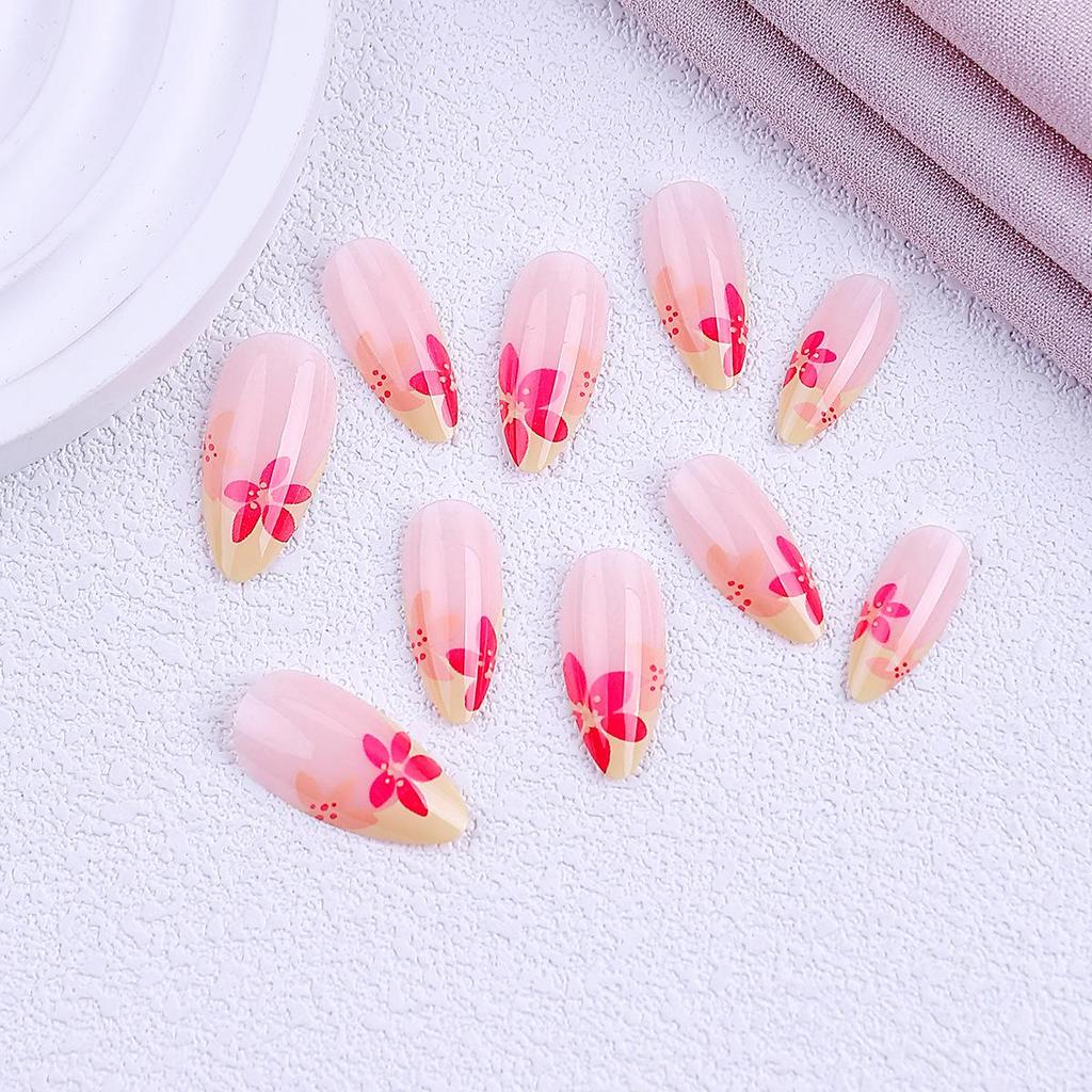 Almond Shape Nude Nail Set with Flowers & Polka Dots – 24 Detachable Pieces
