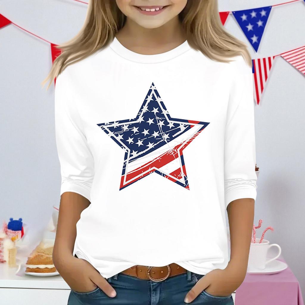 Druckoberteile für junge Mädchen 3-10 Jahre Rundhals 3/4-Ärmel T-Shirts Trendige Oberteile Outfit T-Shirts