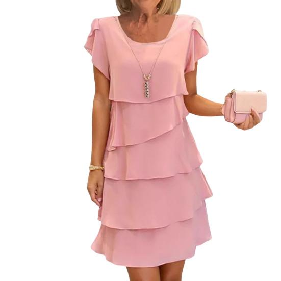 Women Chiffon Dress with Ruched Edge Round Neck Short Sleeves Multi-Layer Design Summer Midi