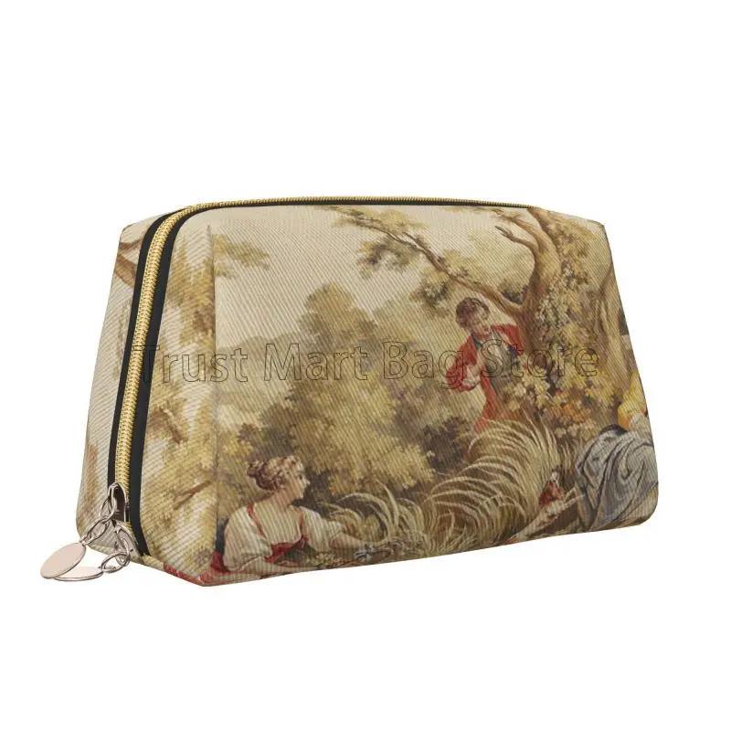 Franse Landelijke Make-uptas Retro Toile De Jouy Leer Reizen Cosmetica Organizer Vrouwen Grote Capaciteit Waterdichte Toiletartikelen Tas