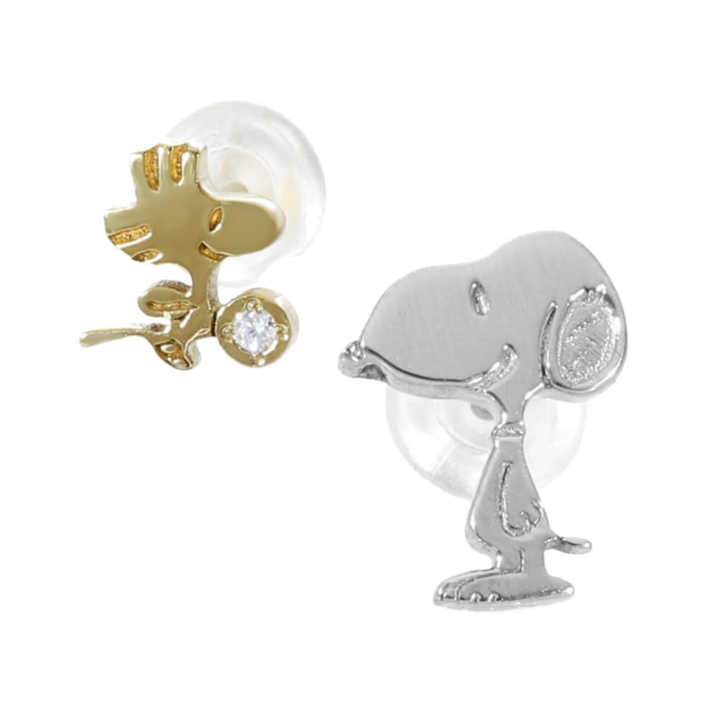 [Shinjuku Gin No Kura] Phiten Collaboration Snoopy Woodstock Asymmetrical Earrings, 2-Piece Set, Stainless Steel, Official Phiten PEANUTS