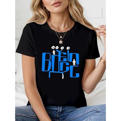 Women's T-shirt with a Distinctive, Eye-catching Yet Understated Graphic Design Black Short-sleeve Crewneck Printed T-shirt