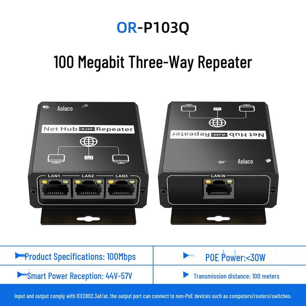 100M Gigabit POE Repeater: One Cable Powers 3 Cameras, 48V Support, No Extra Power Supply Required