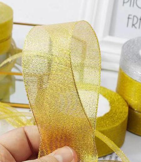 Gold Silver Polyester Silk Ribbon 100% Polyester Foil Printed Craft for Gift Wrap Webbing Cake Baking Wedding Bow Accessories