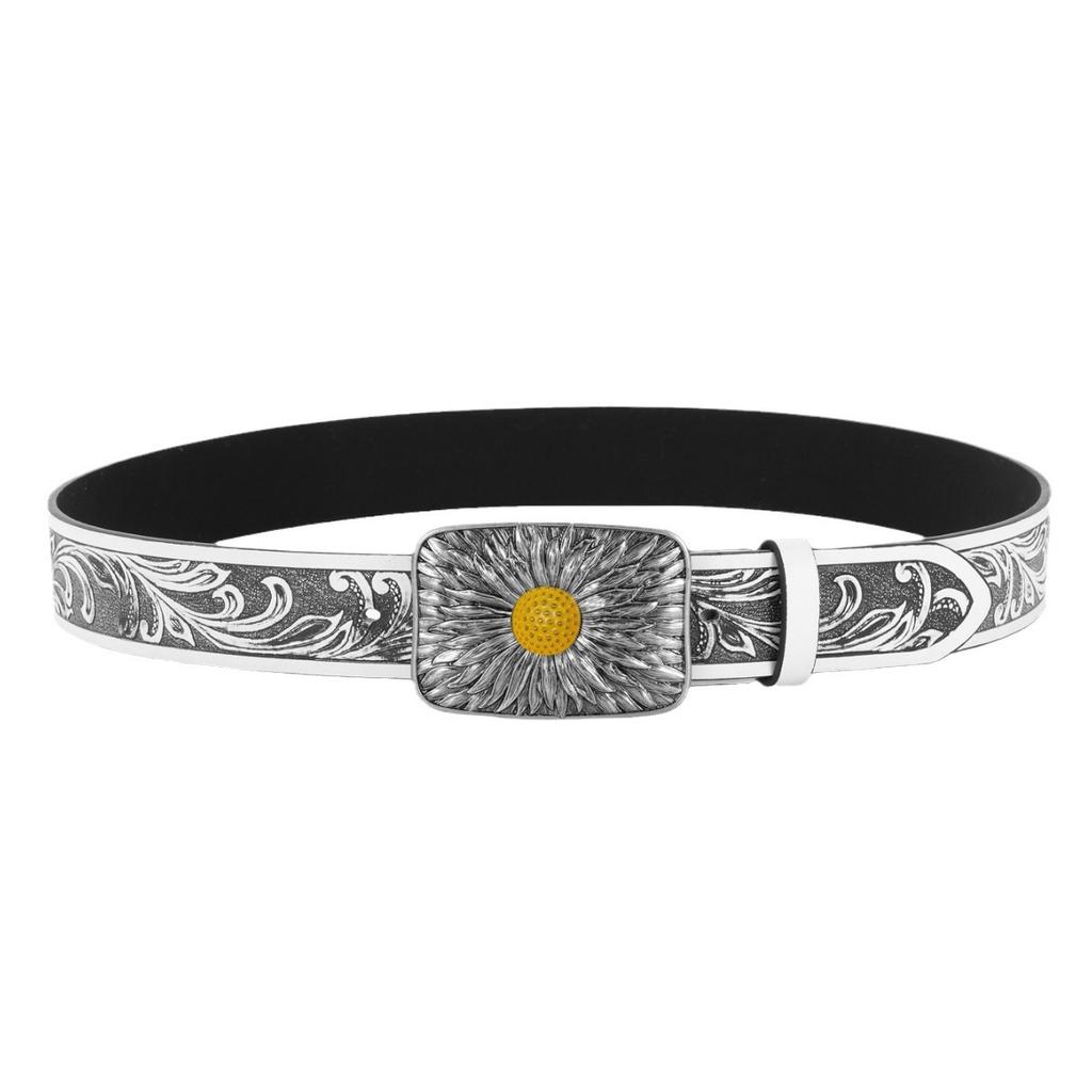 Silver Plated Sunflower Ladies Belt Spice Girl Embossed Vintage Plate Buckle Belt Jeans Decorative Belt