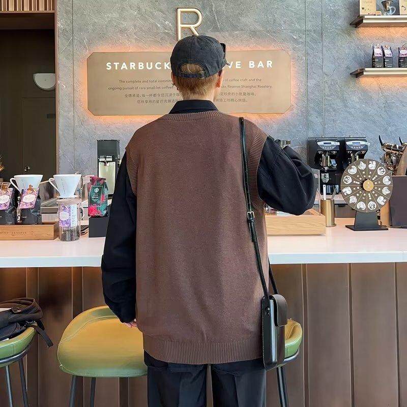 V-neck sweater men's autumn and winter Korean version trendy loose knitted sweater vest autumn ins Hong Kong style Japanese sleeveless vest