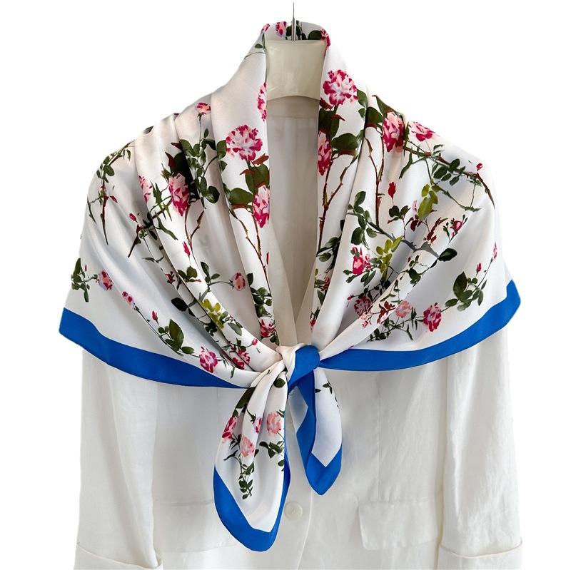 Flower fashion spring and summer travel shawl 91cm sun protection simple commuting scarf large square scarf silk scarf velvet twill