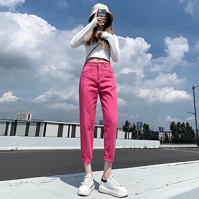 Women's Rose Red High-Waist Carrot Jeans - Spring/Summer Slimming, Loose, Casual, Straight-Leg Style