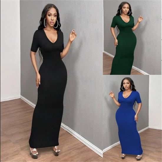 Women's dress summer short-sleeved V-neck sexy long tight dress