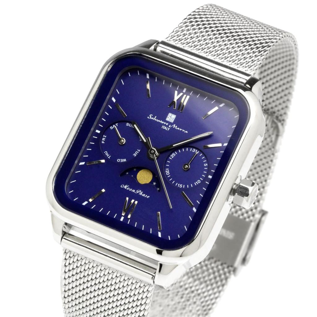 Watch Moon Phase Square Square Multi Calendar Business Formal Stainless Steel Mesh Belt Limited Model Silver Blue [Salvatore Mara] Men's SM24112-SSBLM