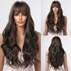 Long Water Wave Synthetic Wigs with Bangs Natural Ginger Brown Loose Curly Wavy Wig for Black White Women Heat Resistant Daily