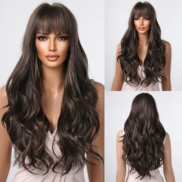 Long Water Wave Synthetic Wigs with Bangs Natural Ginger Brown Loose Curly Wavy Wig for Black White Women Heat Resistant Daily
