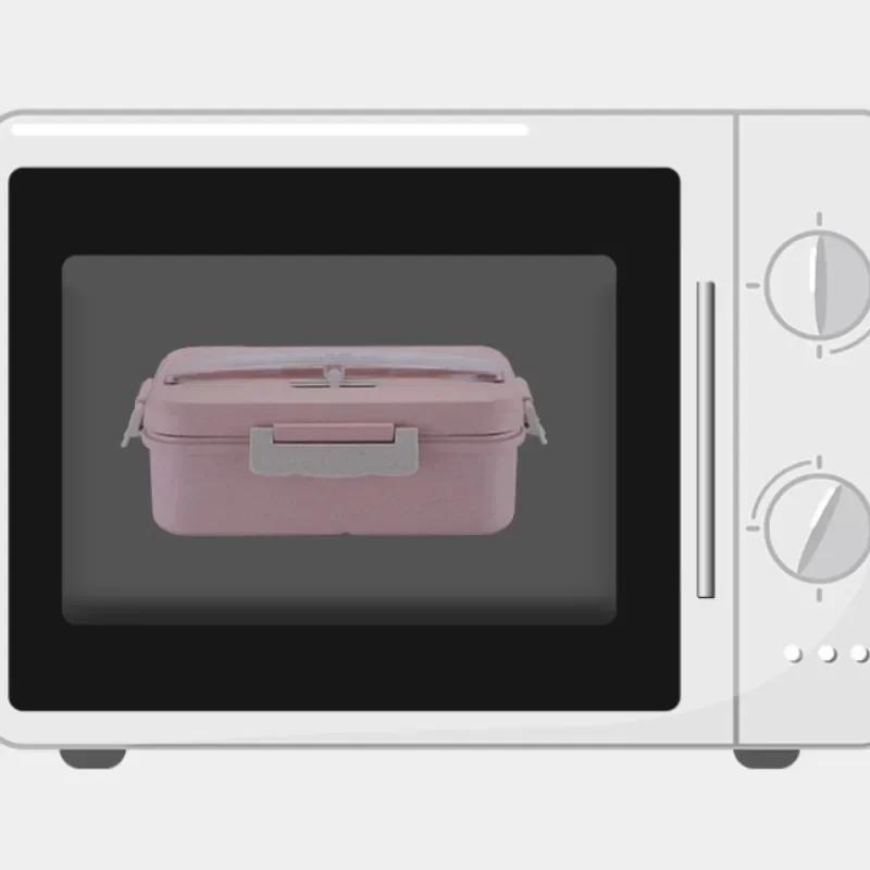 Microwave Lunch Box for Children Portable School Office Bento Box with Tableware Spoons Chopsticks Wheat Straw Food Box