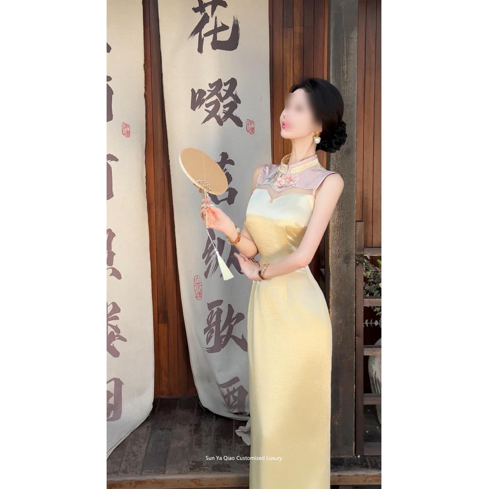 Summer Double Version Jumpsuit Cheongsam Long Skirt Jacquard Embroidery Suspender Casual Temperament