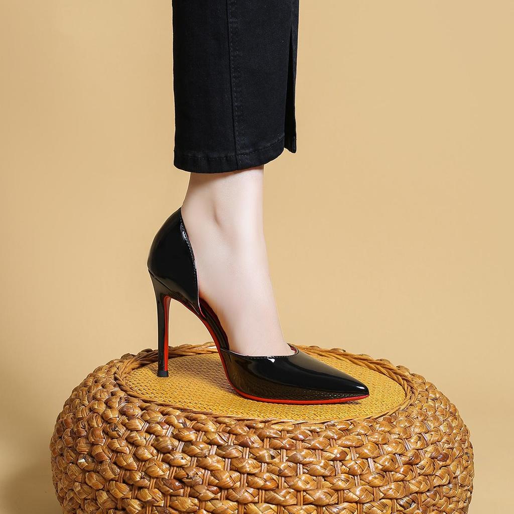 Women's Black Stiletto High Heels with Red Bottom, Side Cutout, and Pointed Toe - 2025 New Patent Leather Nightclub Shoes
