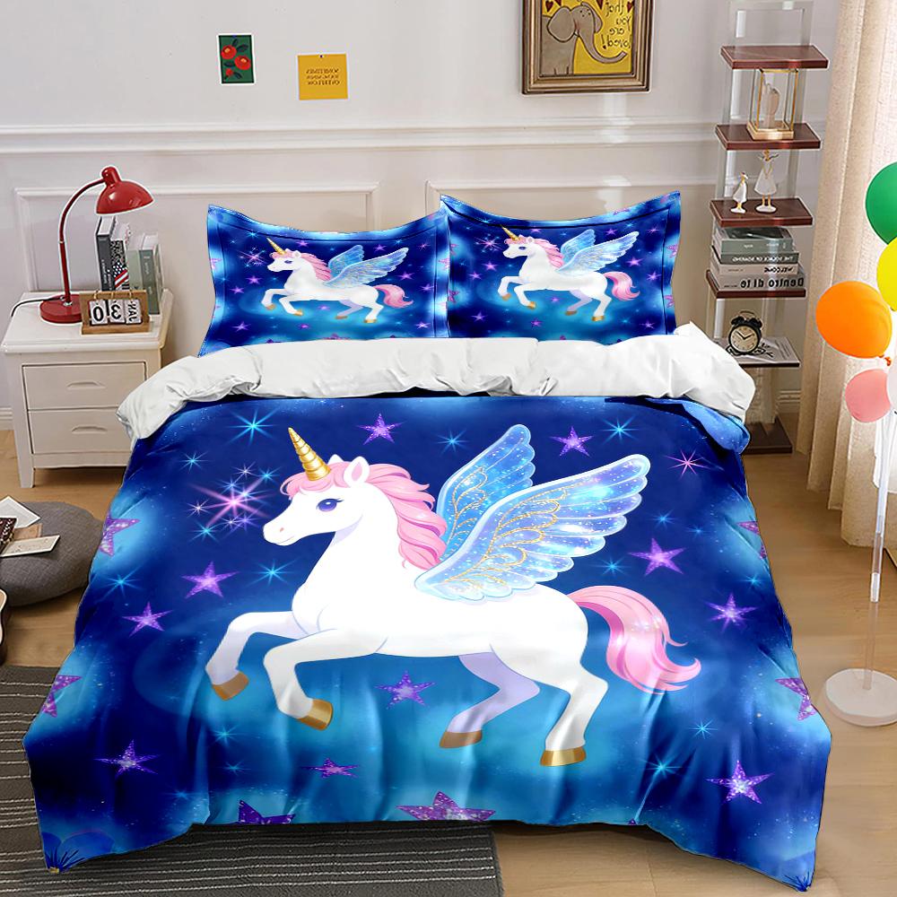 Fantasy Unicorn Flying In Starry Sky Print Bedding Set 1 Duvet Cover 2 Pillowcases for Adult and Children Luxury Gift Full Size