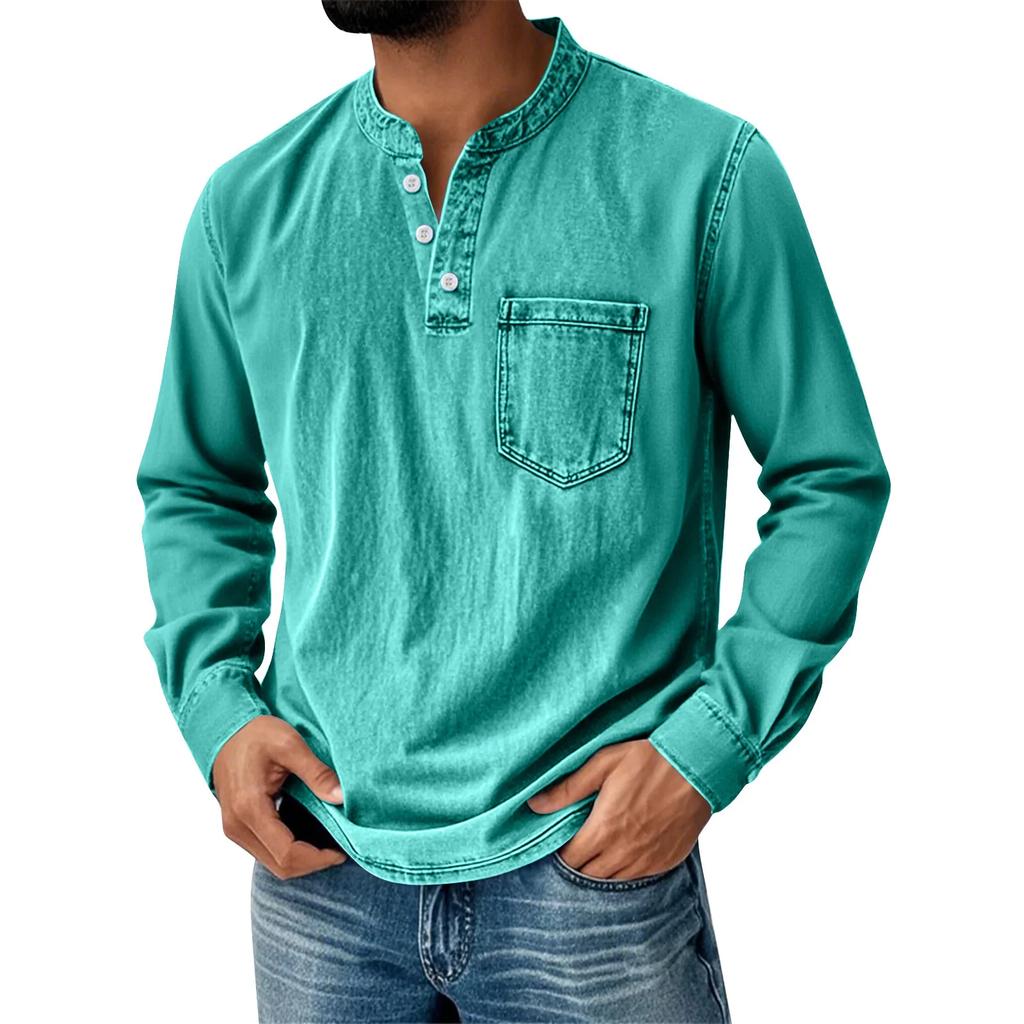 Men's Henley Long Sleeve T-Shirt Vintage Washed Denim Casual Tops Button Down Crew Neck Loose Fit Daily Streetwear for Men