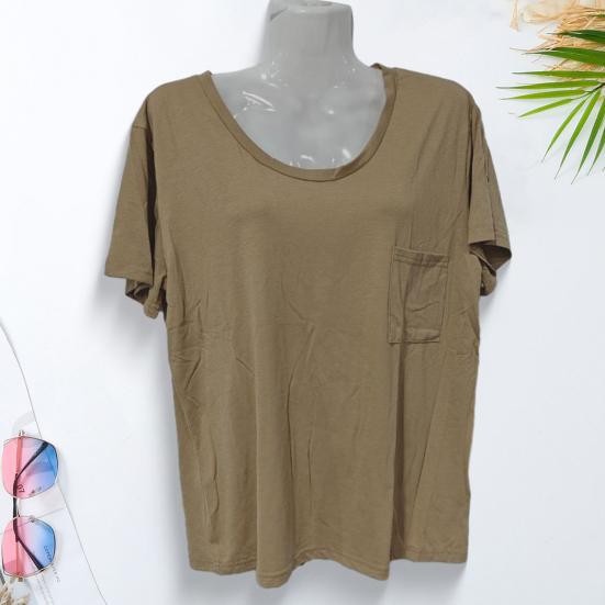 Tricou de damă cu gât rotund, mânecă scurtă, buzunar aplicat, culoare uni, croială lejeră, subțire, pulover, pentru purtare zilnică