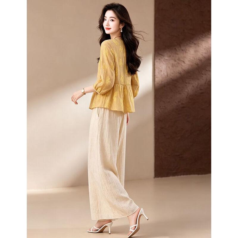 D.F.DEAR French Style Flower Embroidered Top & Wide-Leg Pants Set