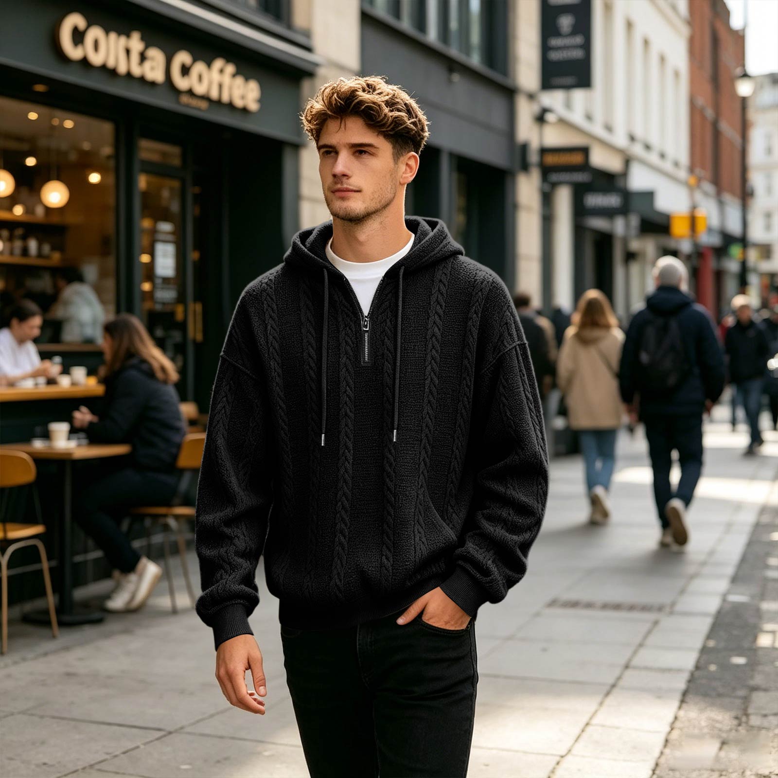 Men s Knit Hoodie with Half Zip Long Sleeve Loose Fit Casual L