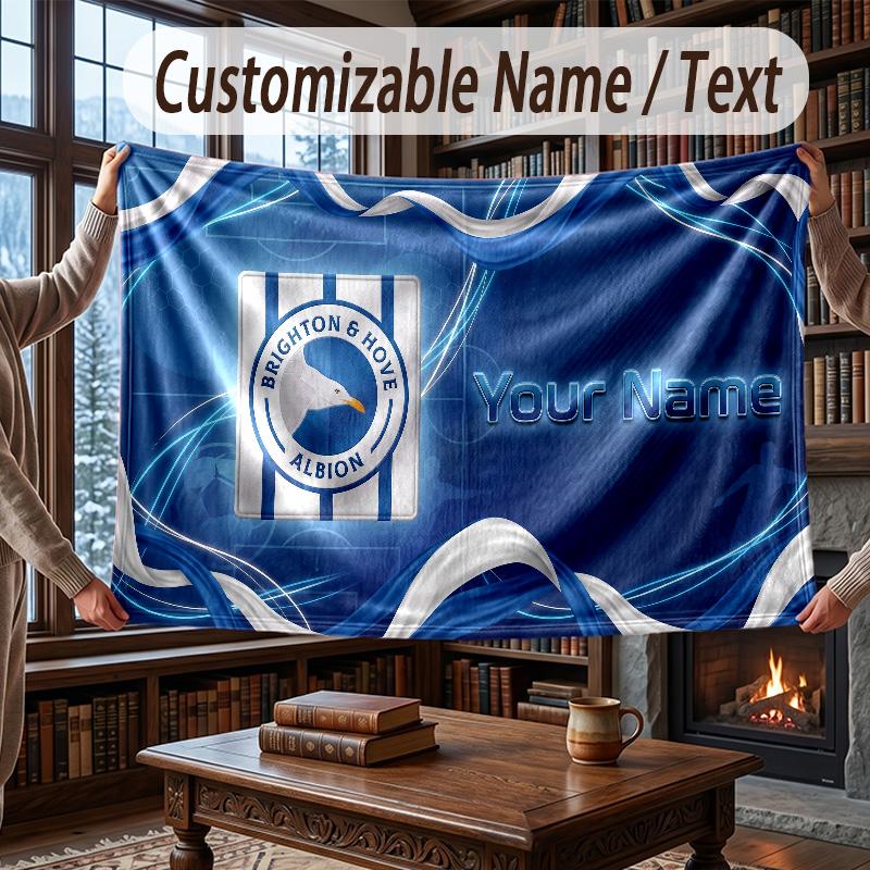 Custom Name Flannel Throw Blanket Brighton & Hove Albion Football Pattern Warm Home Decoration