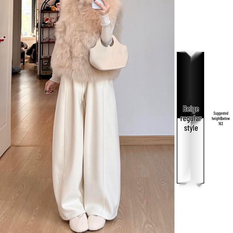 Women's Fleece-Lined Off-White Glutinous Rice Wide-Leg Pants, High-Waisted, Loose-Fit, Slimming, Petite, Autumn/Winter.