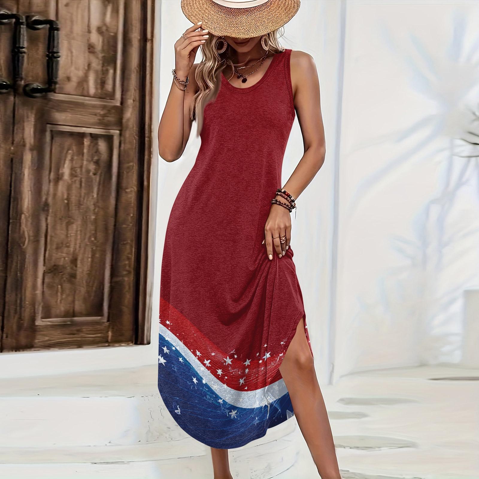

Women Sleeveless Long Dress Casual Loose Fit Independence Day Print Summer Maxi Dress Soft Fabric Comfortable Fit S красный