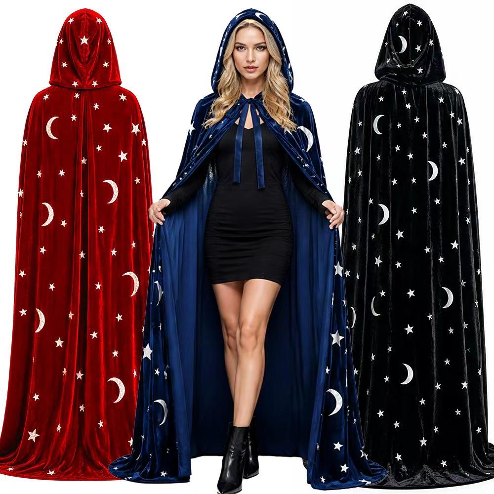 Halloweenový čarodějnický plášť s kapucí, sametový dlouhý plášť s potiskem hvězd a měsíce, renesanční středověký maškarní kostým, dámské oblečení