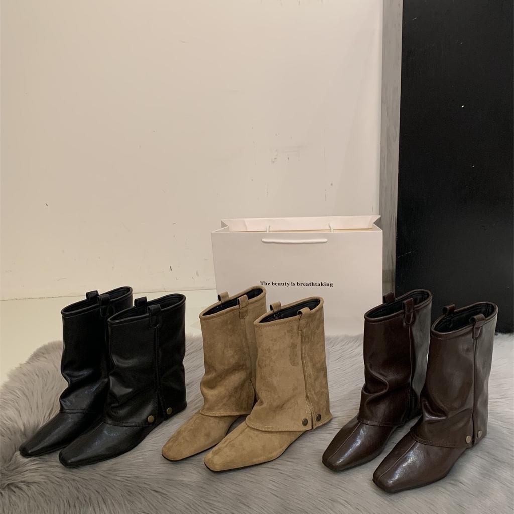 Retro Wasteland Wind Western Cowboy Boots Women's Autumn and Winter New Square Head Pants Boots Thick Heel Skinny Pile Short Boots