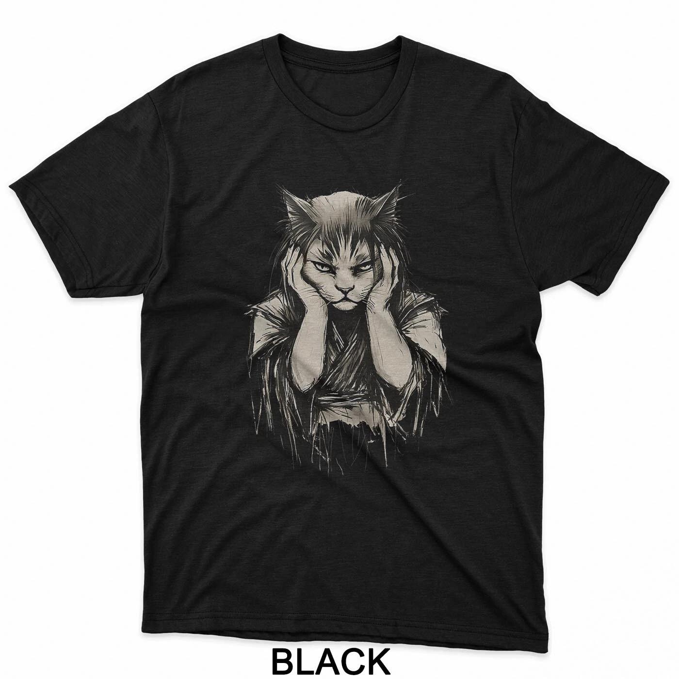 Портрет кошки в кимоно Драматичный черно-белый карандашный рисунок Футболка S