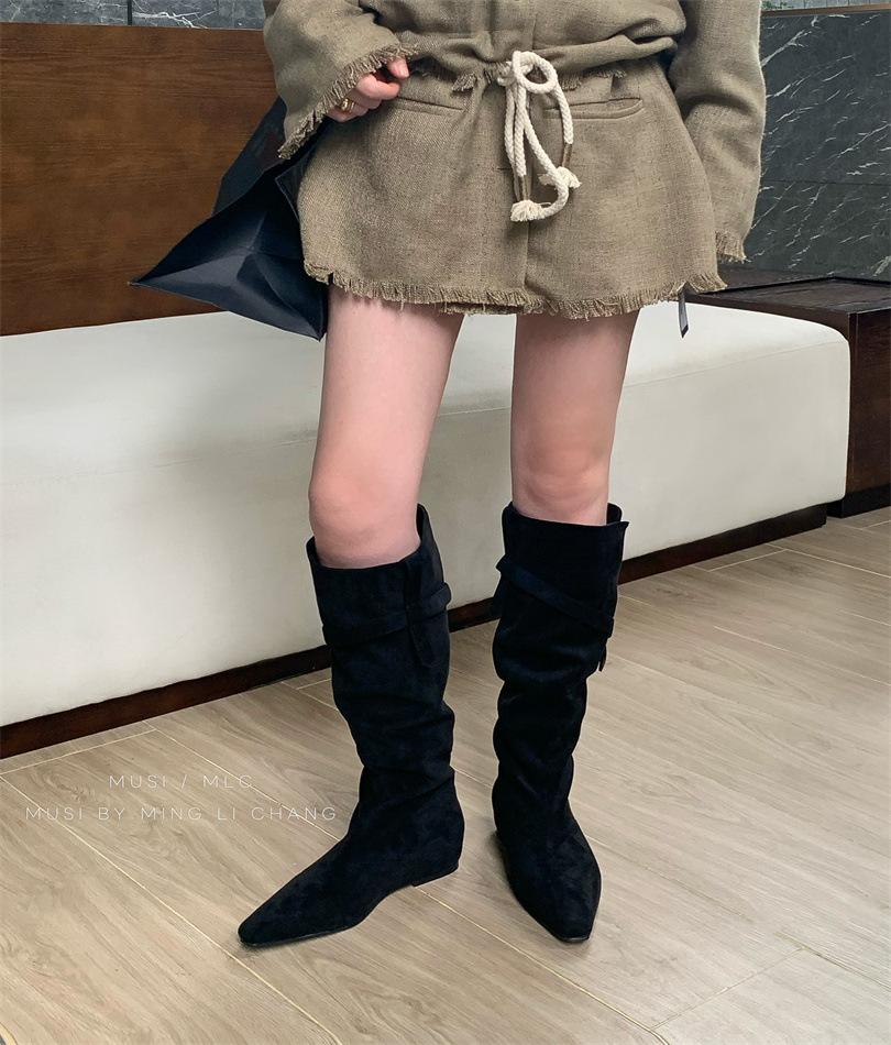 2025 Autumn and Winter New Square Head Slack Two Wear Tall Boots Velvet Simple Bag Legs Slope Heel Boots Women