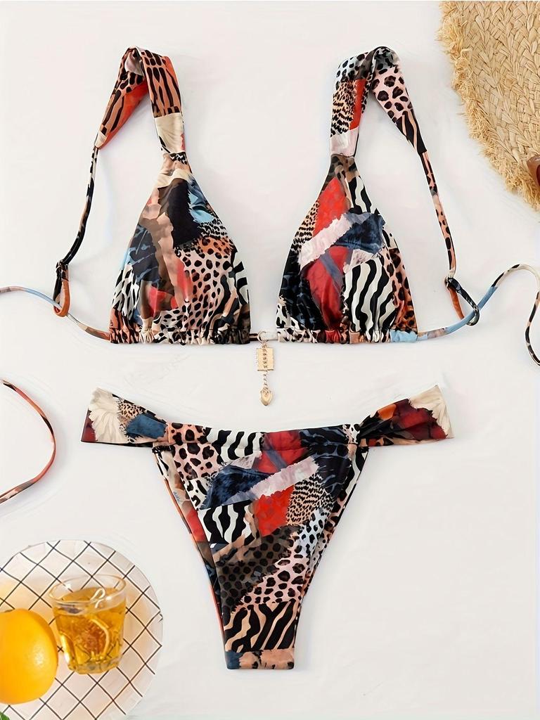 2025 Europejski i Amerykański Strój Kąpielowy Sznurowany z Nadrukiem Damski Trzyczęściowy Seksowny Bikini Plażowe do Noszenia na Basen Termalny