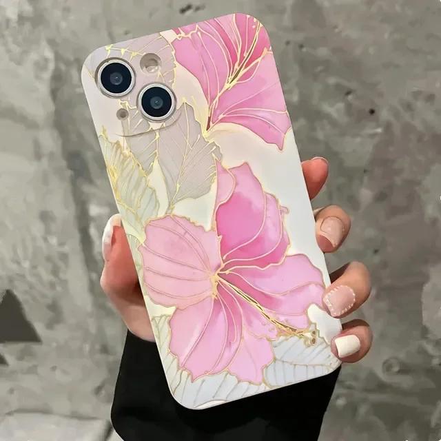 

Luxury Pink Flower Phone Case For iPhone 16 15 14 13 12 11 Pro Max Mini X XS XR SE 7 Plus Shockproof Silicone Soft Cover Fundas iPhone 12