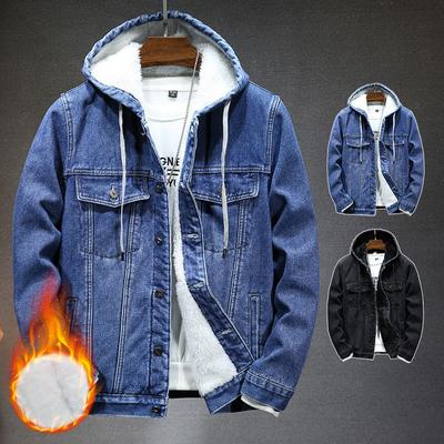 Men's Autumn and Winter Retro Hooded Denim Jacket  Coat Hooded Plus Velvet Windbreaker Thickened and Warm for Men