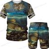 New Men's Short Sleeve Shorts Set Fashion 3D Digital Fish Printing Men's Beach Casual Set