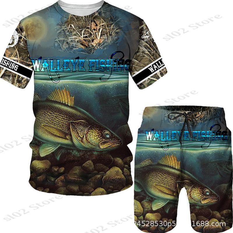 New Men's Short Sleeve Shorts Set Fashion 3D Digital Fish Printing Men's Beach Casual Set