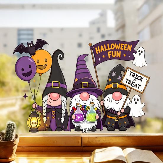 Static Glass Sticker, No Residue Reusable Window Clings, Festive Glass Decal with Halloween Dwarf Wizards Black Cats Ghosts Skeletons Pattern