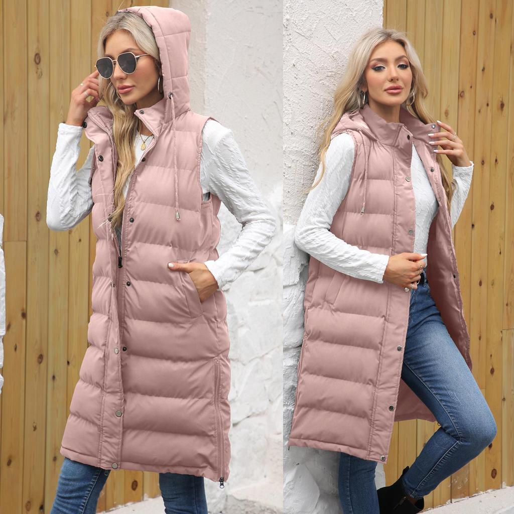 Women’s Coats Hooded Sleeves Long Style Solid Color Vest Quilted Jacket Autumn Winter Thick Warm Outer Wear