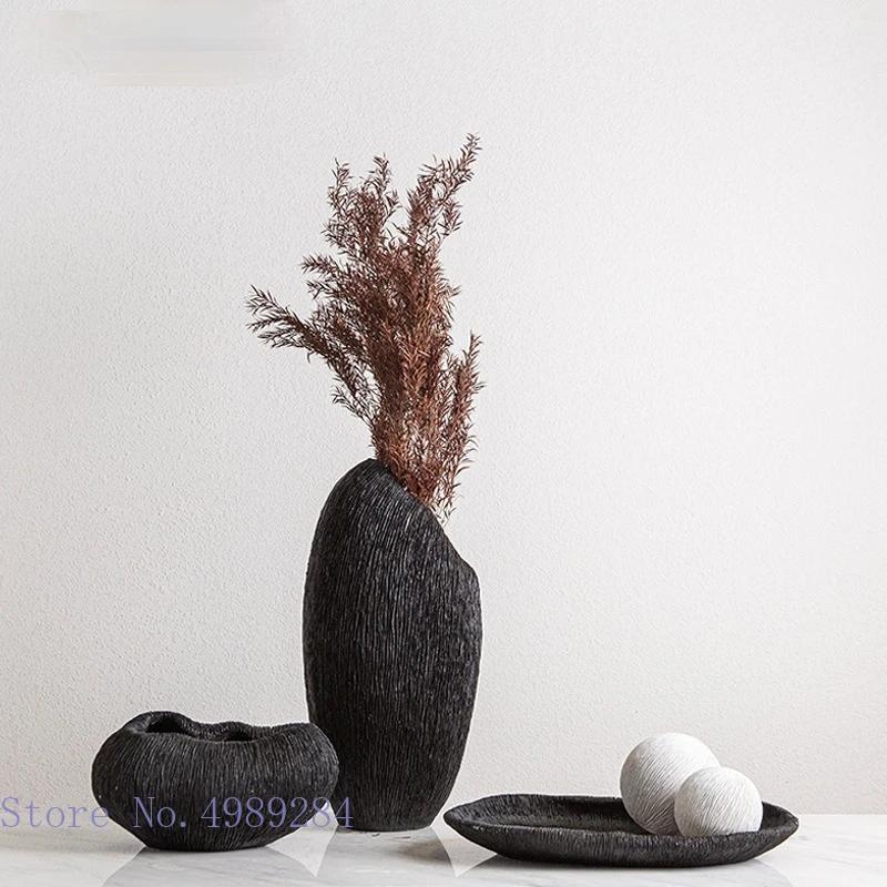 Creative Resin Flower Vase Coral Texture Tray Irregular Black and White Resin Crafts Furnishings Modern Home Decoration