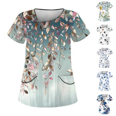 Women's Casual Print Short Sleeve Sloping Collar Workwear Top With Double Pockets