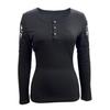Women Hollow Out Lace Patchwork Pullover T Shirt Long Sleeve Slim Fit Soft Stretchy Round Neck Button Closure Solid Color Top Lady Spring Fall
