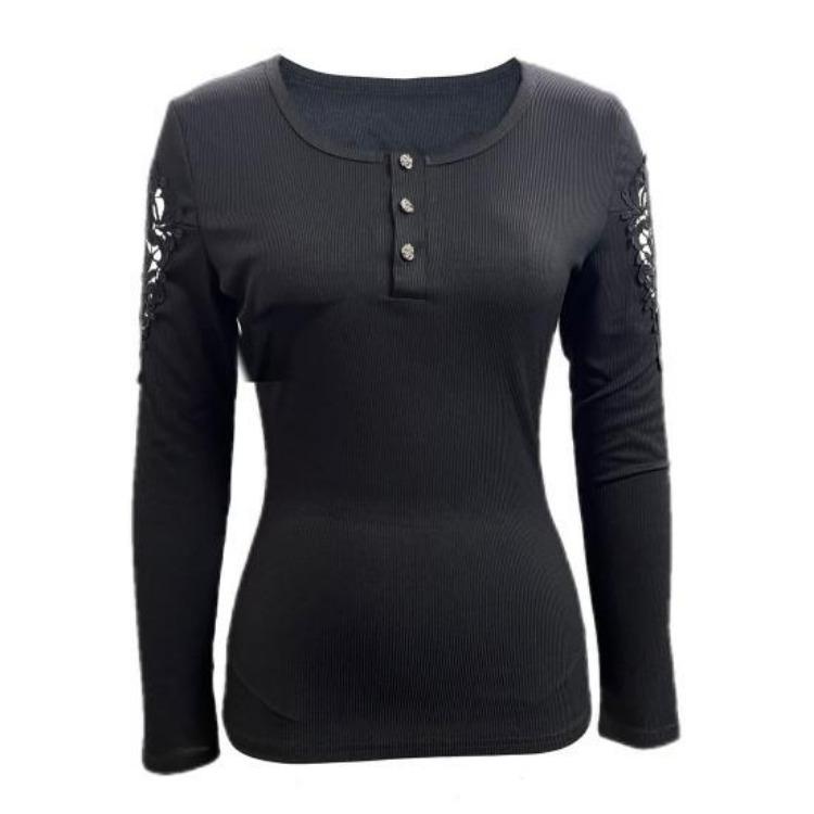 Women Hollow Out Lace Patchwork Pullover T Shirt Long Sleeve Slim Fit Soft Stretchy Round Neck Button Closure Solid Color Top Lady Spring Fall